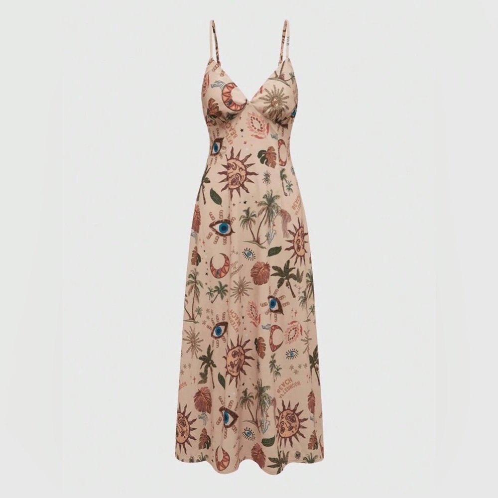 ROMWE Hippie Ladies Summer Palm Tree Printed Long Sundress With Spaghetti Straps